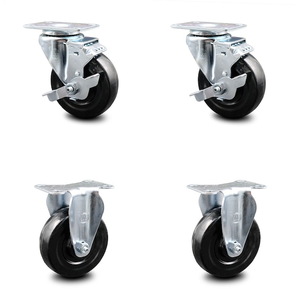 4 Inch Hard Rubber Wheel Swivel Top Plate Caster Set with 2 Brake 2 Rigid SCC